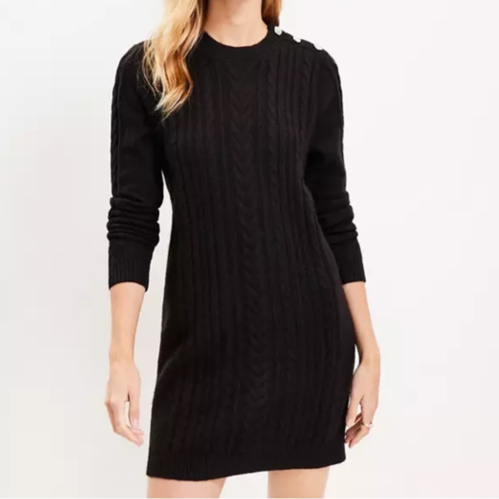 LOFT Black Cable Knit Long Sleeve Dress